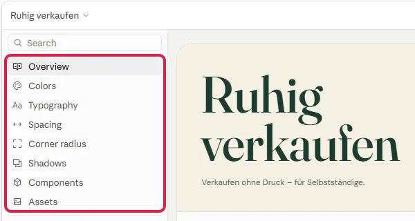 Fertiges Design-System Ruhig verkaufen, Leiste mit den Bereichen Overview bis Assets rot markiert