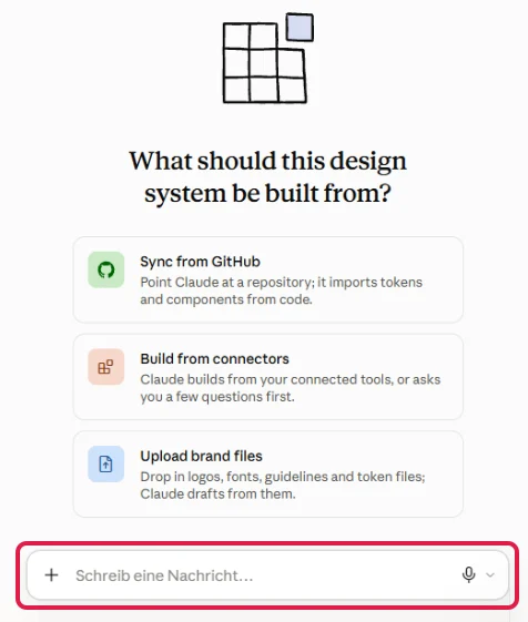 Neue Sitzung für ein Design-System mit drei Startwegen, Eingabefeld unten rot markiert