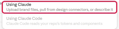 Menü Neues Designsystem mit rot markiertem Eintrag Using Claude