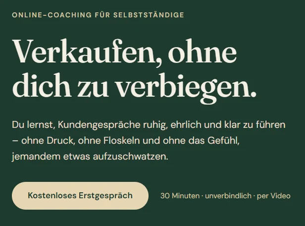 Startbereich der Landingpage aus Claude Design mit Überschrift, kurzem Text und Knopf Kostenloses Erstgespräch auf dunkelgrünem Grund