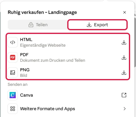 Reiter Export mit den Formaten HTML, PDF und PNG, rot markiert, darunter Canva