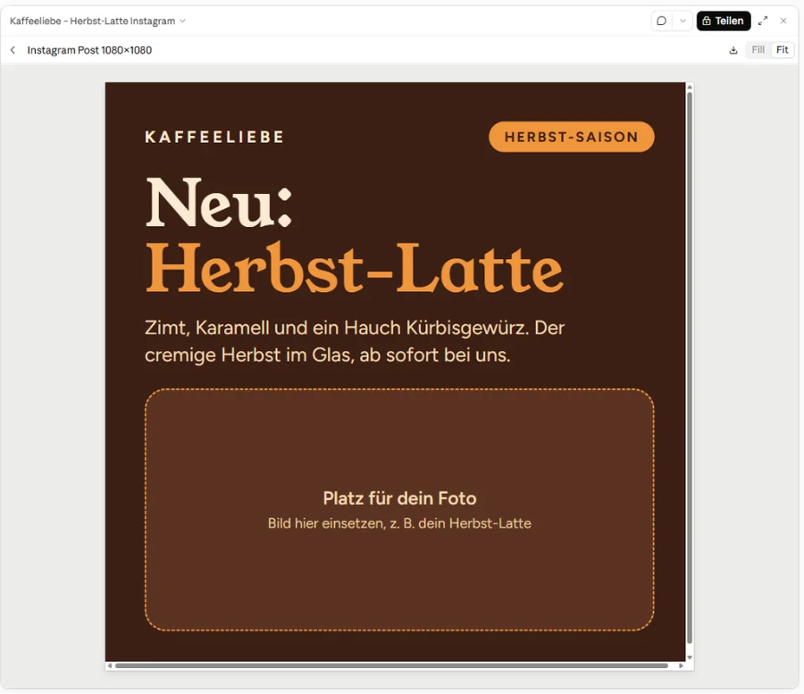 Fertige Instagram-Grafik Neu: Herbst-Latte für das Café Kaffeeliebe auf der Leinwand von Claude Design