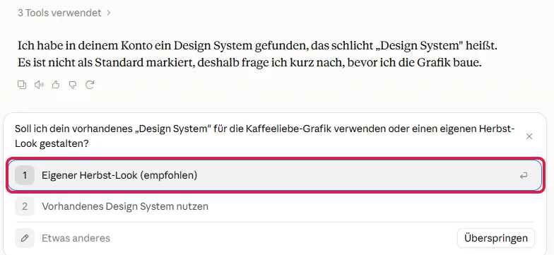 Rückfrage von Claude im Chat mit Auswahlkarte, Option Eigener Herbst-Look rot markiert