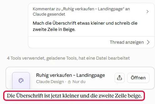 Chat mit dem gesendeten Kommentar und Claudes Antwort, die Antwort ist rot markiert