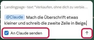 Kommentarfeld mit @Claude und der gewünschten Änderung, Haken An Claude senden und Pfeil rot markiert