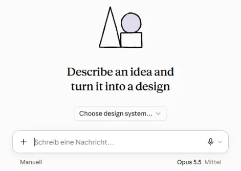 Linke Seite einer neuen Sitzung in Claude Design mit Choose design system und leerem Eingabefeld