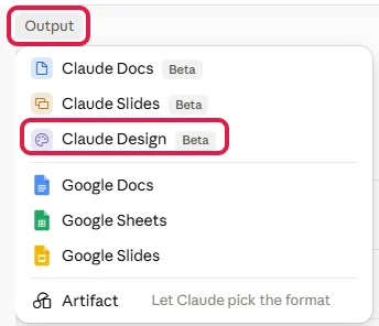 Geöffnetes Menü Output, Knopf Output und Eintrag Claude Design rot markiert