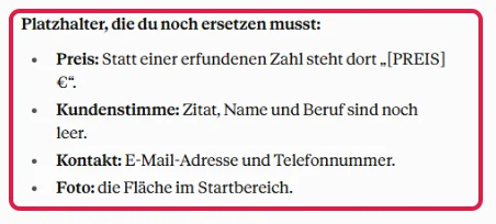 Claudes Liste der Platzhalter im Chat mit Preis, Kundenstimme, Kontakt und Foto, rot markiert