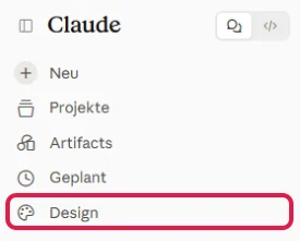 Seitenleiste von Claude mit rot markiertem Eintrag Design