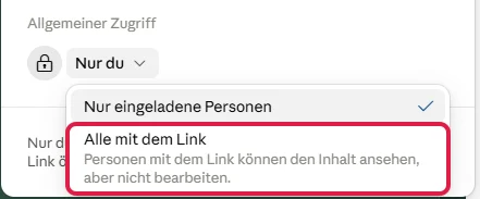 Geöffnete Auswahl Allgemeiner Zugriff, Option Alle mit dem Link rot markiert