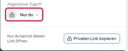 Bereich Allgemeiner Zugriff im Teilen-Fenster mit rot markierter Auswahl Nur du, darunter der Knopf Privaten Link kopieren