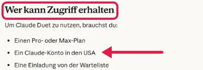 Deutsche Claude-Hilfe, Abschnitt Wer kann Zugriff erhalten rot markiert, Pfeil auf Claude-Konto in den USA