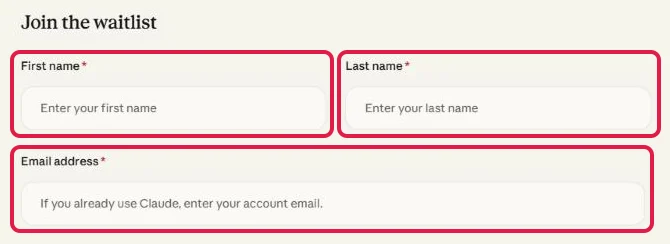 Wartelisten-Formular von Claude Duet, Felder First name, Last name und Email address rot markiert