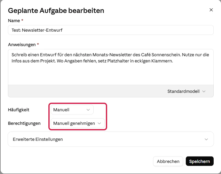 Fenster Geplante Aufgabe bearbeiten, die Felder Häufigkeit und Berechtigungen sind rot markiert