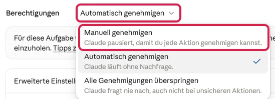 Geöffnete Auswahl Berechtigungen, rot markiert sind das Feld und der Eintrag Manuell genehmigen, abgehakt ist noch Automatisch genehmigen