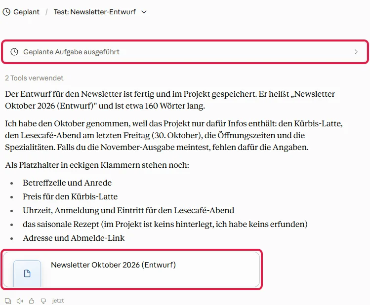 Ergebnis des Laufs, Karte Geplante Aufgabe ausgeführt und Entwurfsdatei rot markiert