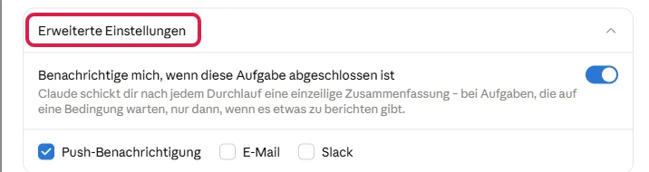 Aufgeklappte Erweiterte Einstellungen mit Benachrichtigung, rot markiert ist die Zeile Erweiterte Einstellungen