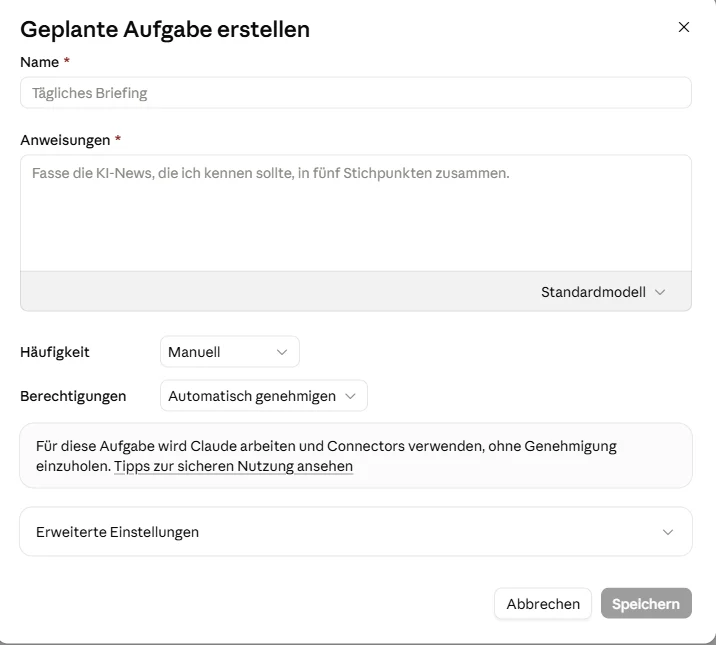 Leeres Fenster Geplante Aufgabe erstellen mit Name, Anweisungen, Häufigkeit, Berechtigungen und Erweiterten Einstellungen