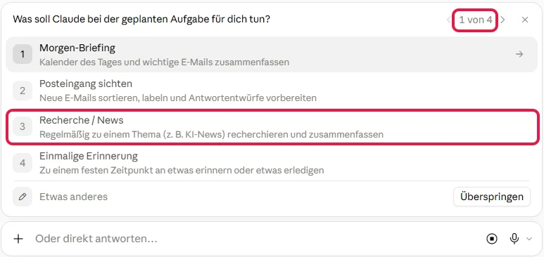 Erste von vier Fragen mit Antworten zur Auswahl, rot markiert sind der Zähler 1 von 4 und die Antwort Recherche / News