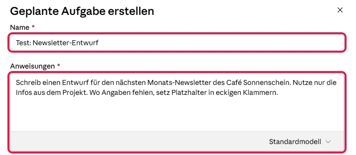 Ausgefüllte Felder Name und Anweisungen der Test-Aufgabe Newsletter-Entwurf, rot markiert