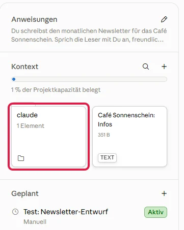 Rechte Spalte des Projekts mit dem rot markierten Ordner claude mit 1 Element unter Kontext