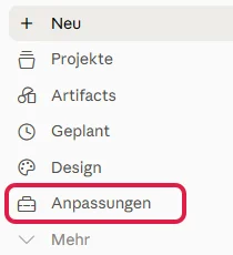 Seitenleiste von Claude mit dem rot markierten Eintrag Anpassungen