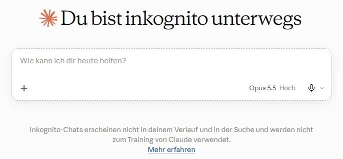 Inkognito-Chat mit der Überschrift Du bist inkognito unterwegs und dem Hinweis zu Verlauf, Suche und Training