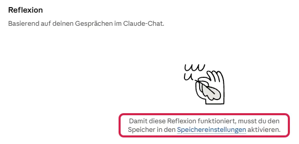 Bereich Reflexion in den Einstellungen: rot markiert der Hinweis, dass dafür der Speicher aktiviert sein muss
