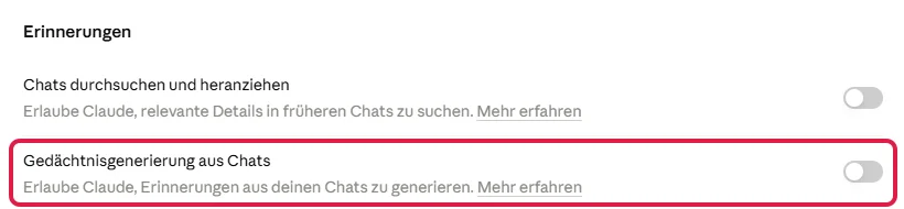 Unterer Schalter Gedächtnisgenerierung aus Chats rot markiert, darüber Chats durchsuchen und heranziehen, beide noch aus
