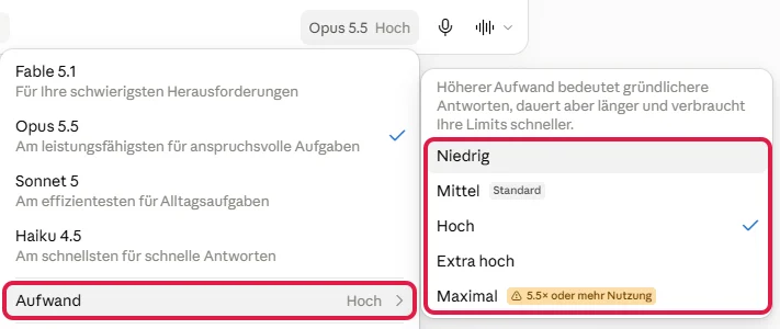 Menü Aufwand mit den Stufen Niedrig bis Maximal, Mittel als Standard, rot markiert