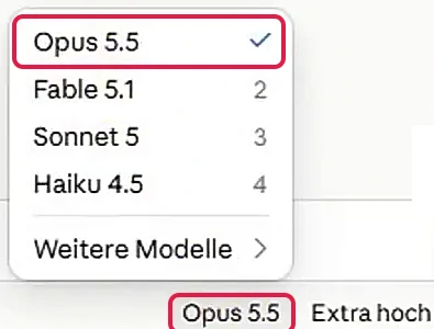 Modellmenü in Claude Code mit rot markiertem Opus 5.5, unten die Anzeige Opus 5.5 Extra hoch