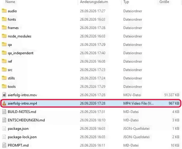 Projektordner nach dem Rendern mit rot markierter fertiger MP4-Datei