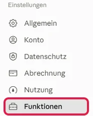 Linke Leiste der Einstellungen mit rot markiertem Bereich Funktionen