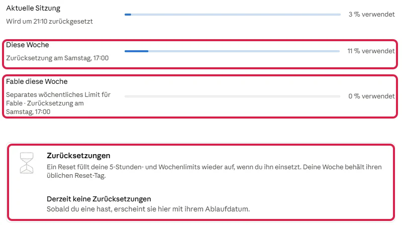 Seite Nutzung in den Claude-Einstellungen, rot markiert Diese Woche, Fable diese Woche und Zurücksetzungen