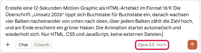 Prompt für die Umsatz-Animation im Eingabefeld, Modell Opus 5.5 Hoch rot markiert