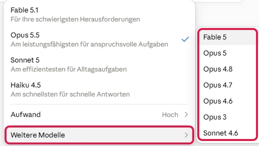 Eintrag Weitere Modelle und Untermenü mit Fable 5, Opus 5, Opus 4.8 und älteren Modellen, rot markiert