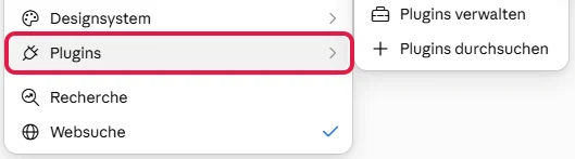 Plus-Menü im Chat von Claude, der Eintrag Plugins rot markiert, daneben Plugins verwalten und Plugins durchsuchen