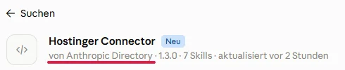 Kopf der Detailseite des Plugins Hostinger Connector, die Angabe von Anthropic Directory rot unterstrichen