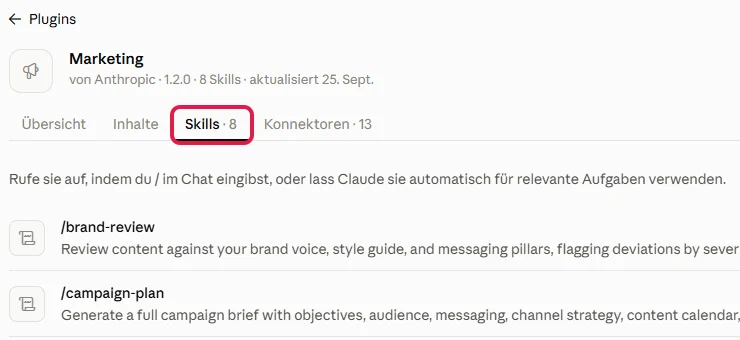 Detailseite des Plugins Marketing, der Reiter Skills mit 8 Skills rot markiert