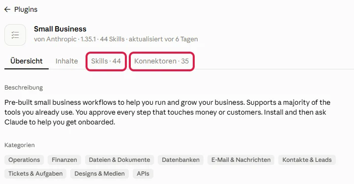 Detailseite des Plugins Small Business von Anthropic, die Reiter Skills 44 und Konnektoren 35 rot markiert