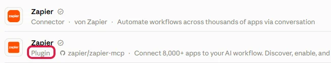Suche nach zapier unter Entdecken, beim zweiten Treffer die Angabe Plugin rot markiert