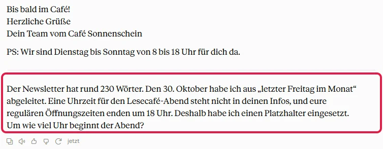 Ende der Antwort mit rot markierter Rückfrage nach der Uhrzeit des Lesecafé-Abends