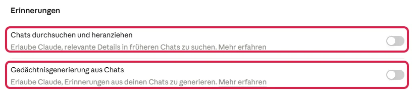 Bereich Erinnerungen unter Einstellungen > Speicher, rot markiert die Schalter für Chat-Suche und Gedächtnis, beide aus