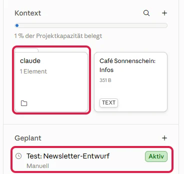 Kontext mit rot markiertem Ordner claude, darunter die rot markierte geplante Aufgabe