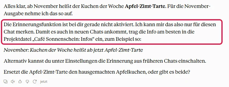 Claudes Antwort im Projekt-Chat, rot markiert der Hinweis, dass die Erinnerungsfunktion aus ist