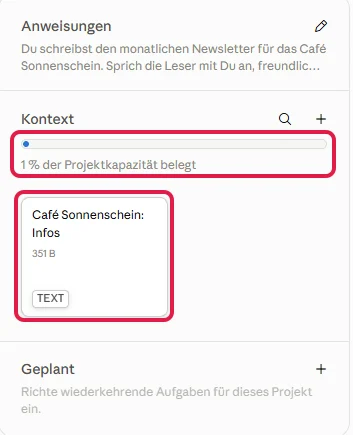 Kontext mit rot markiertem Balken 1 % der Projektkapazität belegt und der neuen Karte