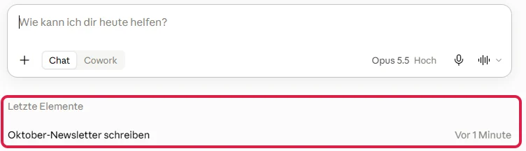 Projektseite mit Eingabefeld und rot markierter Liste Letzte Elemente mit dem ersten Chat
