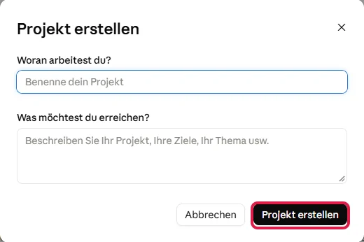 Leeres Fenster Projekt erstellen mit den Feldern für Name und Ziel, rot markiert der Knopf Projekt erstellen