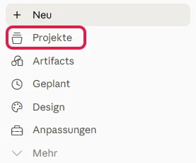 Seitenleiste von Claude mit rot markiertem Eintrag Projekte