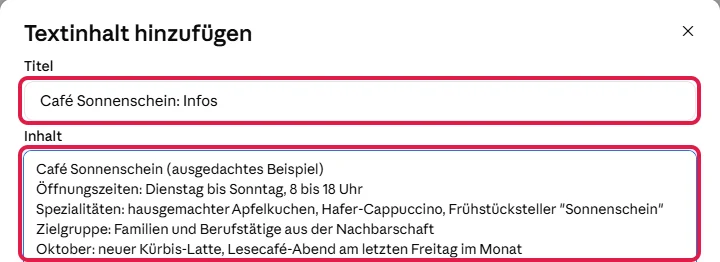 Fenster Textinhalt hinzufügen, rot markiert die Felder Titel und Inhalt mit erfundenen Café-Infos